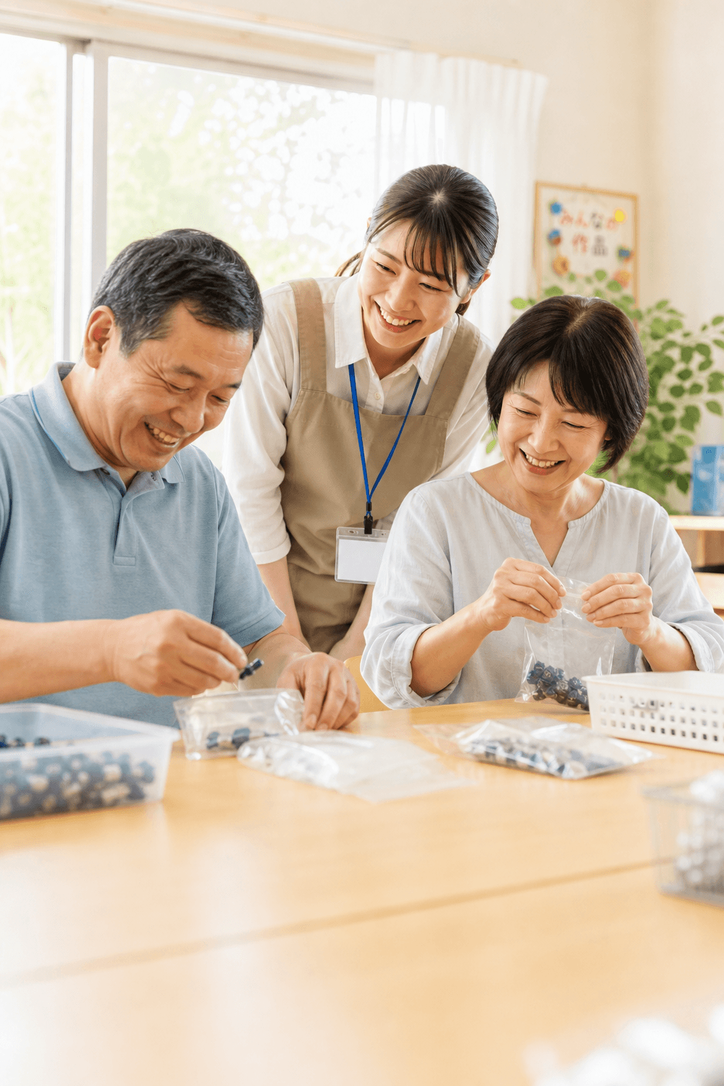 笑顔で手元の作業を進める利用者に寄りそう職員の様子